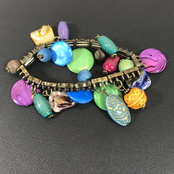 BoHo Colorful Multi Dangle Shells & Beads Bracelet - Picture 6 of 7